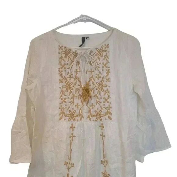 LOV Women's Off-White Cotton & Gold Floral-Embroidered Dress - Picture 6 of 15